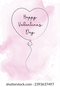 Heart shaped balloon with watercolor spots. Valentine's Day lettering. Continuous line drawing. Holiday of love, romantic, wedding design elements. Happy Valentine's Day card.