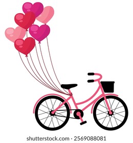 Heart shaped Balloons with Bicycle Color Pink Valentine's Day Element Isolated on White Background