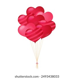 Heart shaped balloons bunch isolated. Vector illustration. Romantic elements for Valentines Day, wedding, save the date designs. Tied festive helium red hearts balloons.