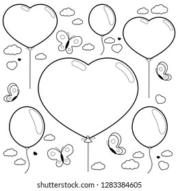 Heart shaped balloons and butterflies flying in the sky. Vector black and white coloring page.