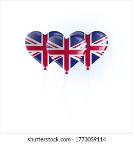 Heart shaped balloons with colors and flag of GREAT BRITAIN vector illustration design.