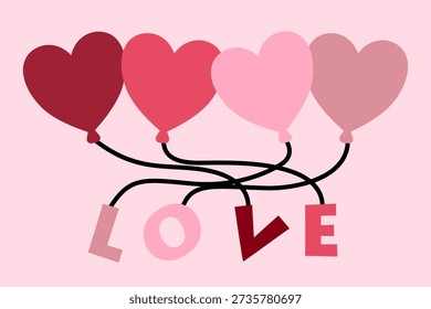 Heart shaped balloons connected to LOVE letters with tangled strings on pink background.