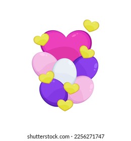 Heart shaped balloons as decoration for party illustration. Inflatable spheres, balloons for wedding, festival or carnival isolated on white background. Decoration, celebration concept