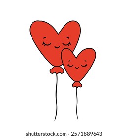 Heart shaped balloons with faces for Valentine's Day celebration. Vector doodles for your design.