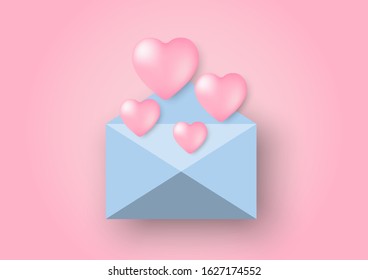 Heart shaped balloons floating out of a blue envelope on pink background for Valentine's Day