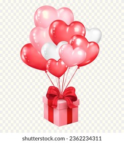 Heart shaped balloons and gift box flying. Valentine's day or wedding concept. Romantic design vector illustration