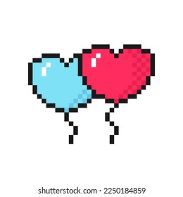 Heart shaped balloons icon in pixel art style. Symbol for Valentine's Day or birthday. Isolated on white background vector sign