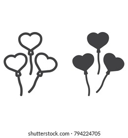 Heart shaped balloons line and glyph icon, valentines day and romantic, celebrate sign vector graphics, a linear pattern on a white background, eps 10.