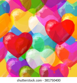 Heart Shaped Balloons, Low Poly Pattern, Colorful Background. Vector