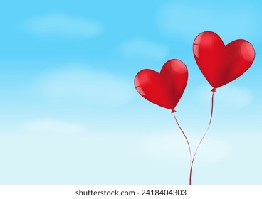 Heart Shaped Balloons on Blue Sky. Background for Valentine's Day, Wedding Celebration, Mother's Day or Anniversary. Vector Illustration.