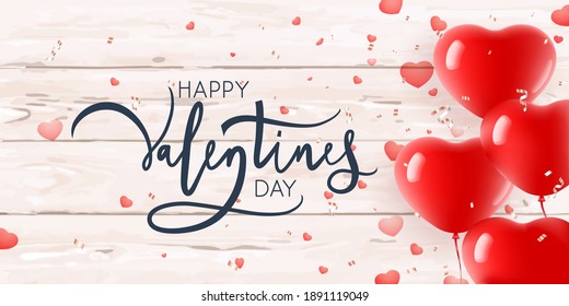 Heart shaped balloons over wood for Valentine's Day design. Vector Illustration