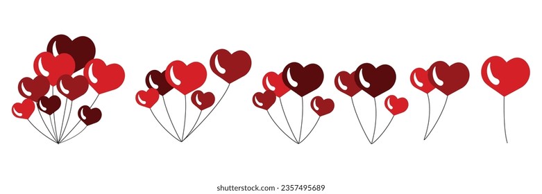 Heart shaped balloons. Red and pink bunches and groups helium balloons. Birthday party design cartoon flat collection. Holiday surprise gift round balloon.  Isolated vector illustration