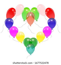 Heart shaped balloons set isolated on white background. Glossy Multicolored balloons form the shape of a heart. Festive decoration element for Valentines Day or Wedding. Vector illustration