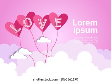 Heart Shaped Balloons In Sky Over Pink Clouds Background With Copy Space