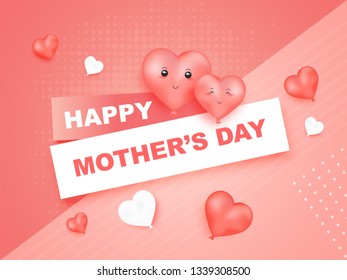 Heart shaped balloons with smiley decorated on striped background for Happy Mother's Day poster or flyer.