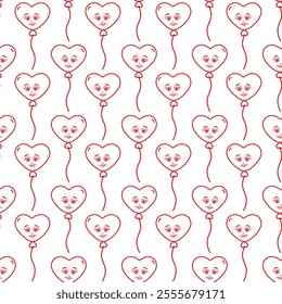 Heart shaped balloons with smiling face Seamless Pattern in trendy minimalism St Valentines Day fond