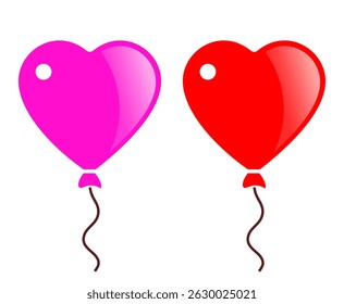 Heart shaped balloons vector icons isolated on white background. Festive flat illustration of glossy air baloon, holiday design elements for birthday or Valentine's day.