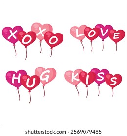 Heart shaped Balloons with XOXO LOVE HUG KISS text . Valentine's Day Element Isolated on White Background