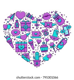 Heart shaped banner, card, flyer concept with flat color line signs and symbols: blowing kiss, sweets, heart, gift box, candle, smartphone. Valentine's Day background, poster, sale leaflet template.