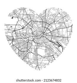 Heart shaped Berlin city vector map. Black and white colors illustration. Roads, streets, rivers.