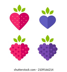 Heart shaped berries icon set. Strawberry, blueberry, blackberry and raspberry. Flat stylized vector illustration.