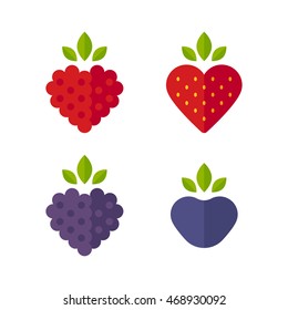 Heart shaped berries icon set. Raspberry, blueberry, strawberry, blackberry. Flat stylized vector illustration.