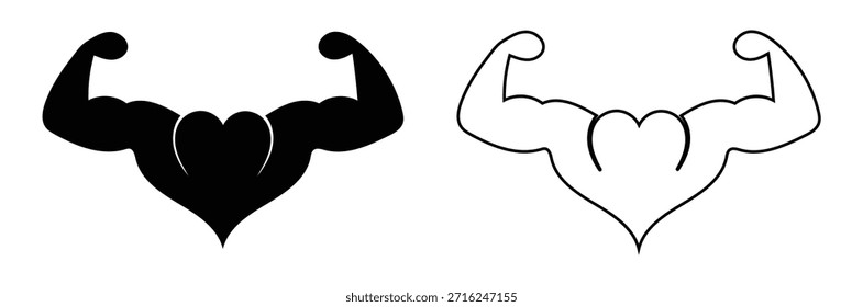 Bíceps en forma de corazón que flexiona el amor fuerte y la aptitud combinada, icono fuerte de la salud. Línea de corazón fuerte y diseño plano. Corazón con el icono del Vector de los brazos del músculo. Icono fuerte del fitness del corazón con los bíceps que flexionan