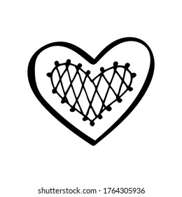 Corazón, bizcocho con forma de corazón, ilustración simple de vector dibujada a mano aislada en forma de doodle en blanco y negro 