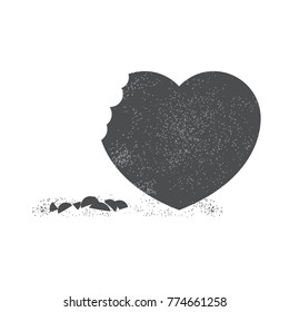 Heart Shaped With Bitten Mark And Crumbs Beneath. Grayscale Vector Illustration.