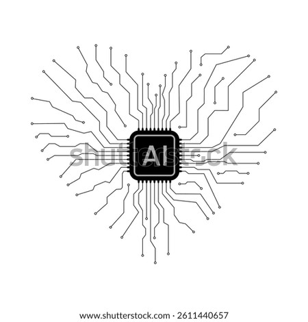 Heart shaped black electronic circuit board with AI chip, representing advanced technology vector