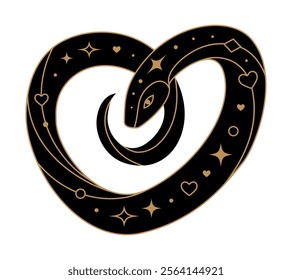 Heart shaped black snake with golden geometric elements. Symbol of Chinese New Year 2025. Vector illustration isolated on transparent background