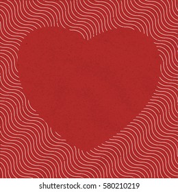 Heart Shaped Blank Space Over Diagonal Repeating Wavy Lines Texture Retro Style Background - White Grunge Elements on Red Rough Paper Backdrop - Vector Vintage Illusion Graphics