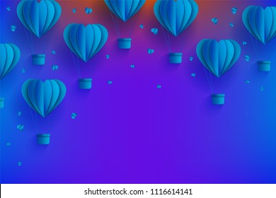 Heart shaped blue hot air balloons in trendy paper art style on gradient background - cardboard folded aerostats surrounded by little hearts and copy space in vector illustration for greeting card.