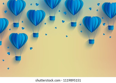 Heart shaped blue hot air balloons in trendy paper art style on pastel gradient background - origami folded cardboard aerostats surrounded by little hearts with copy space in vector illustration.