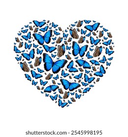 Heart shaped Blue morpho butterflies. Vector illustration isolated on white background