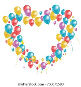 Heart shaped board decorated by beauty colorful balloons for your design. Isolated flying air balloons. EPS10 vector art