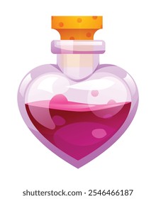 Heart shaped bottle filled with magical love potion. Vector cartoon illustration