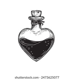 Heart shaped bottle with liquid. Hand drawn sketch style drawing. Magical, witchcraft equipment. Retro vintage vector illustration isolated on white.