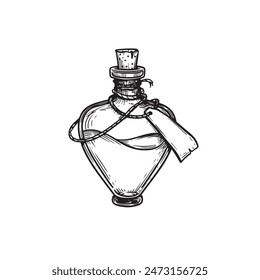 Heart shaped bottle with liquid and tag. Hand drawn sketch style drawing. Magical, witchcraft equipment. Retro vintage vector illustration isolated on white.