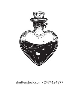 Heart shaped bottle with llove poisong. Hand drawn sketch style drawing. Magical, witchcraft equipment. Retro vintage vector illustration isolated on white.