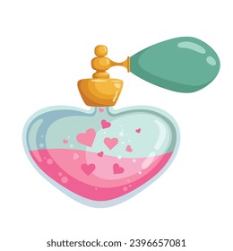 Heart shaped bottle with love perfume or potions. Bottle with hearts inside. Romantic Valentine's Day vector illustration for greeting cards, banners, invitations, and decor. 