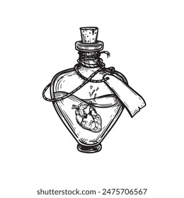 Heart shaped bottle with poison and human heartl inside. Hand drawn sketch style drawing. Magical, witchcraft equipment. Retro vintage vector illustration isolated on white.