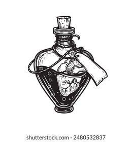 Heart shaped bottle with poison and human heartl inside. Hand drawn sketch style drawing. Magical, witchcraft equipment. Retro vintage vector illustration isolated on white.