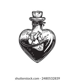 Heart shaped bottle with poison and human heartl inside. Hand drawn sketch style drawing. Magical, witchcraft equipment. Retro vintage vector illustration isolated on white.