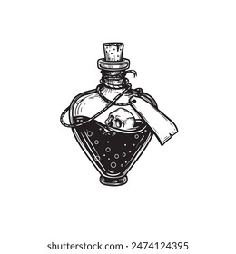 Heart shaped bottle with tag and poison and skull inside. Hand drawn sketch style drawing. Magical, witchcraft equipment. Retro vintage vector illustration isolated on white.