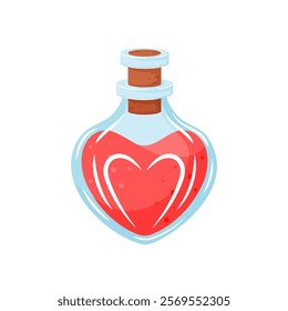 Heart shaped bottle with vibrant red liquid in cartoon style. Perfect for Valentine Day, perfume, potion, love themed or decorative design. Vector illustration isolated on a white background.