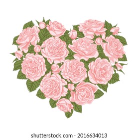 Heart shaped bouquet of roses. Valentine's Day card. Heart of pink roses. Romantic greeting card template.