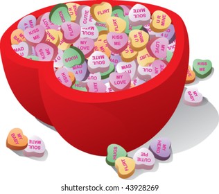 Heart shaped bowl filled with conversation hearts.