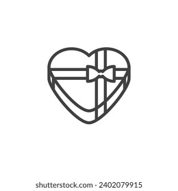 Heart shaped box with bow ribbon line icon. linear style sign for mobile concept and web design. Heart gift box outline vector icon. Valentine day surprise symbol, logo illustration. Vector graphics
