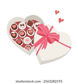 Heart shaped box of chocolate. Chocolate box in heart shape. Flat vector in cartoon style isolated on white background. Love element, valentine element. 